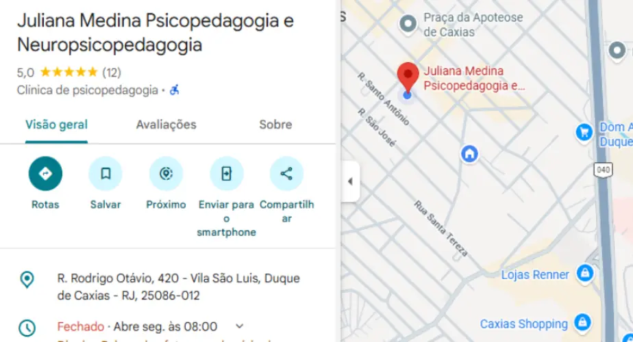 Mapa de localização da Clínica Juliana Medina — Neuropsicopedagoga especializada em TDAH em Duque de Caxias